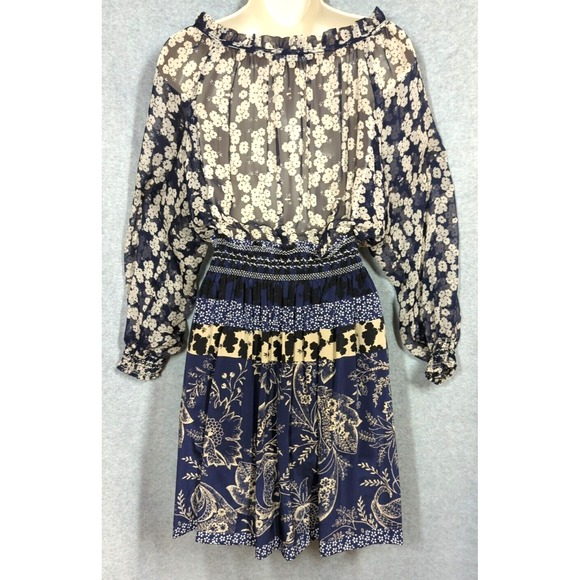 Gypsy 05 Silk Dress S Blue Paisley Bell Sleeve Smocked Waist Cuff Fairy Inspired - Picture 7 of 13